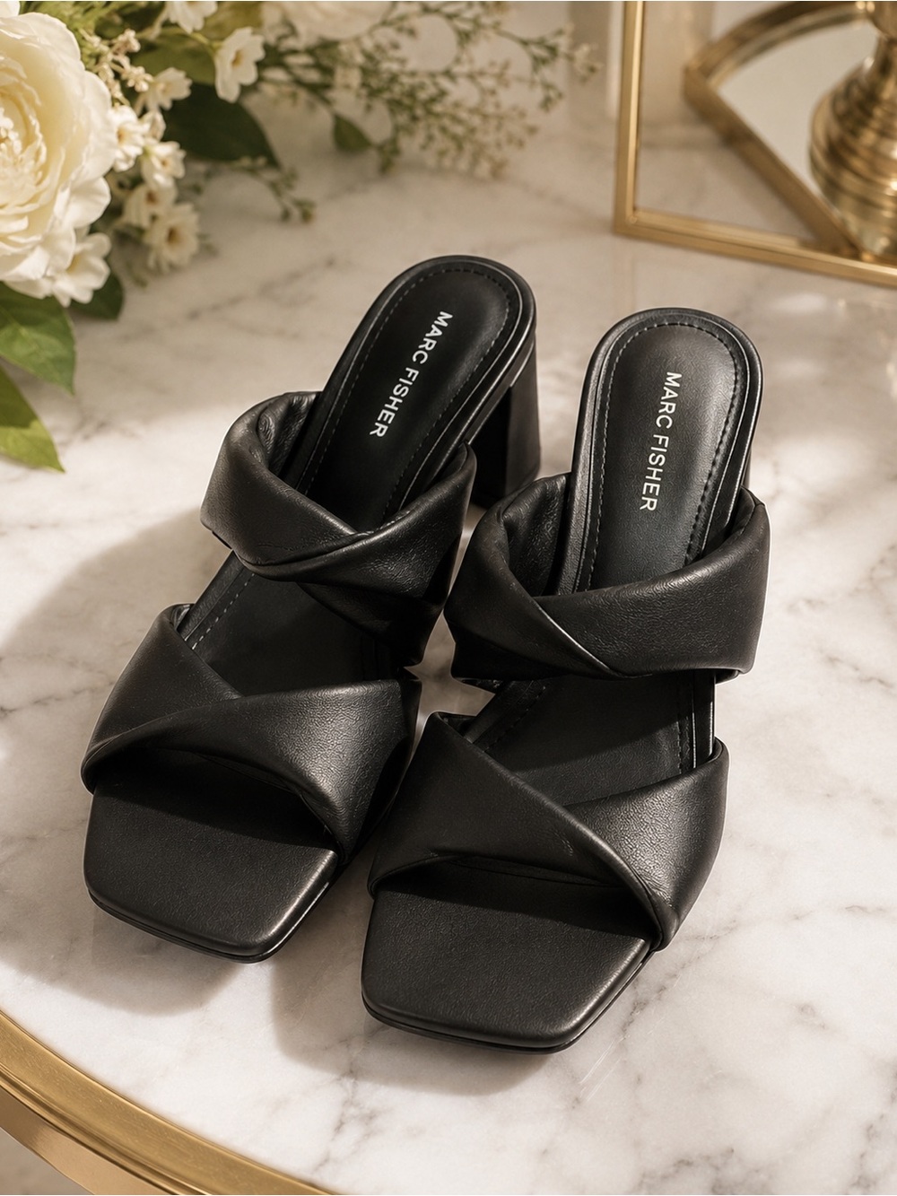 Marc Fisher Black Twisted-Strap Leather Slide Mules